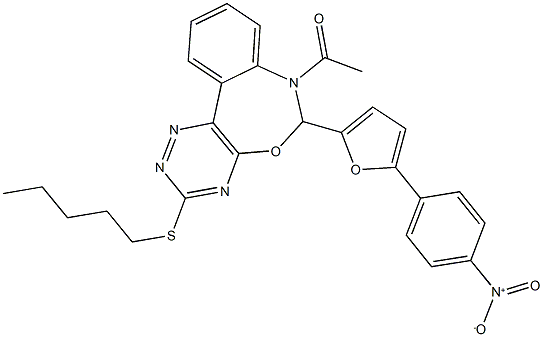 7-acetyl-6-(5-{4-nitrophenyl}-2-furyl)-3-(pentylsulfanyl)-6,7-dihydro[1,2,4]triazino[5,6-d][3,1]benzoxazepine 结构式