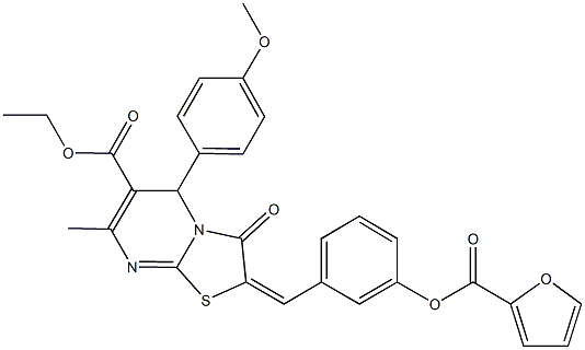 ethyl 2-[3-(2-furoyloxy)benzylidene]-5-(4-methoxyphenyl)-7-methyl-3-oxo-2,3-dihydro-5H-[1,3]thiazolo[3,2-a]pyrimidine-6-carboxylate 结构式