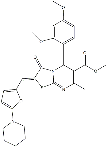 methyl 5-(2,4-dimethoxyphenyl)-7-methyl-3-oxo-2-{[5-(1-piperidinyl)-2-furyl]methylene}-2,3-dihydro-5H-[1,3]thiazolo[3,2-a]pyrimidine-6-carboxylate 结构式