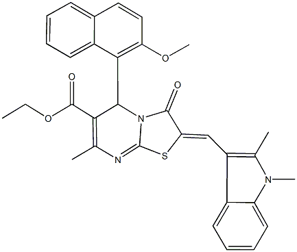 ethyl 2-[(1,2-dimethyl-1H-indol-3-yl)methylene]-5-(2-methoxy-1-naphthyl)-7-methyl-3-oxo-2,3-dihydro-5H-[1,3]thiazolo[3,2-a]pyrimidine-6-carboxylate 结构式