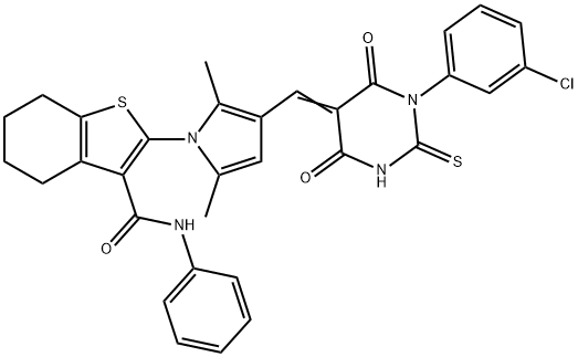 2-{3-[(1-(3-chlorophenyl)-4,6-dioxo-2-thioxotetrahydro-5(2H)-pyrimidinylidene)methyl]-2,5-dimethyl-1H-pyrrol-1-yl}-N-phenyl-4,5,6,7-tetrahydro-1-benzothiophene-3-carboxamide 结构式