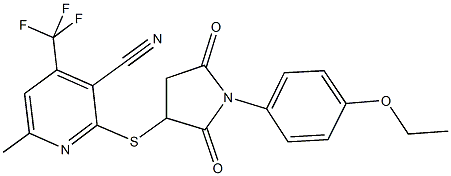 2-{[1-(4-ethoxyphenyl)-2,5-dioxo-3-pyrrolidinyl]sulfanyl}-6-methyl-4-(trifluoromethyl)nicotinonitrile 结构式