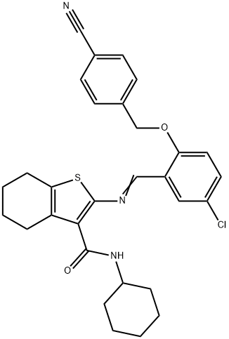 2-({5-chloro-2-[(4-cyanobenzyl)oxy]benzylidene}amino)-N-cyclohexyl-4,5,6,7-tetrahydro-1-benzothiophene-3-carboxamide 结构式