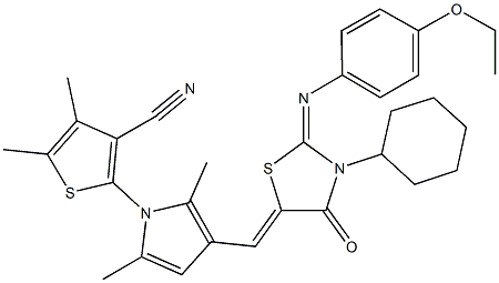 2-[3-({3-cyclohexyl-2-[(4-ethoxyphenyl)imino]-4-oxo-1,3-thiazolidin-5-ylidene}methyl)-2,5-dimethyl-1H-pyrrol-1-yl]-4,5-dimethyl-3-thiophenecarbonitrile 结构式