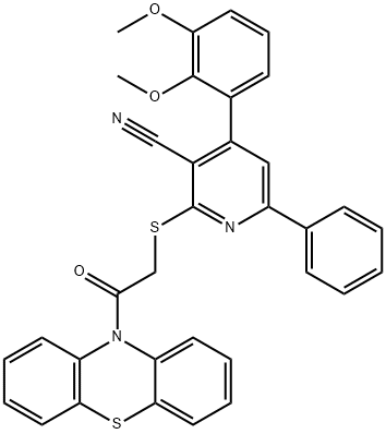 4-(2,3-dimethoxyphenyl)-2-{[2-oxo-2-(10H-phenothiazin-10-yl)ethyl]sulfanyl}-6-phenylnicotinonitrile 结构式