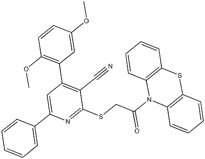 4-(2,5-dimethoxyphenyl)-2-{[2-oxo-2-(10H-phenothiazin-10-yl)ethyl]sulfanyl}-6-phenylnicotinonitrile 结构式