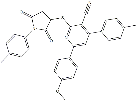 6-(4-methoxyphenyl)-4-(4-methylphenyl)-2-((1-(4-methylphenyl)-2,5-dioxopyrrolidin-3-yl)sulfanyl)nicotinonitrile 结构式