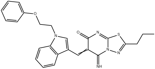 5-imino-6-{[1-(2-phenoxyethyl)-1H-indol-3-yl]methylene}-2-propyl-5,6-dihydro-7H-[1,3,4]thiadiazolo[3,2-a]pyrimidin-7-one 结构式