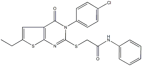 2-{[3-(4-chlorophenyl)-6-ethyl-4-oxo-3,4-dihydrothieno[2,3-d]pyrimidin-2-yl]sulfanyl}-N-phenylacetamide 结构式