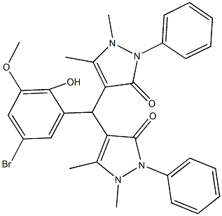 4-[(5-bromo-2-hydroxy-3-methoxyphenyl)(1,5-dimethyl-3-oxo-2-phenyl-2,3-dihydro-1H-pyrazol-4-yl)methyl]-1,5-dimethyl-2-phenyl-1,2-dihydro-3H-pyrazol-3-one 结构式