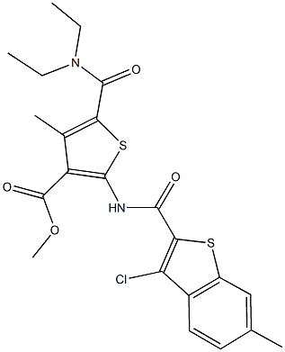 methyl 2-{[(3-chloro-6-methyl-1-benzothien-2-yl)carbonyl]amino}-5-[(diethylamino)carbonyl]-4-methyl-3-thiophenecarboxylate 结构式