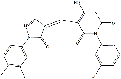 3-(3-chlorophenyl)-5-{[1-(3,4-dimethylphenyl)-3-methyl-5-oxo-1,5-dihydro-4H-pyrazol-4-ylidene]methyl}-6-hydroxy-2,4(1H,3H)-pyrimidinedione 结构式