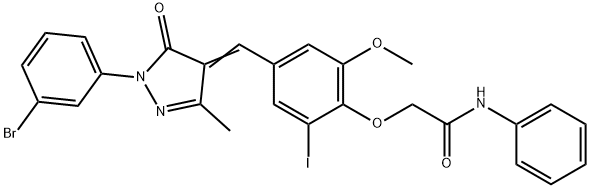 2-(4-{[1-(3-bromophenyl)-3-methyl-5-oxo-1,5-dihydro-4H-pyrazol-4-ylidene]methyl}-2-iodo-6-methoxyphenoxy)-N-phenylacetamide 结构式