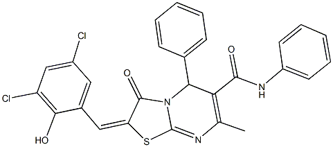 2-(3,5-dichloro-2-hydroxybenzylidene)-7-methyl-3-oxo-N,5-diphenyl-2,3-dihydro-5H-[1,3]thiazolo[3,2-a]pyrimidine-6-carboxamide 结构式