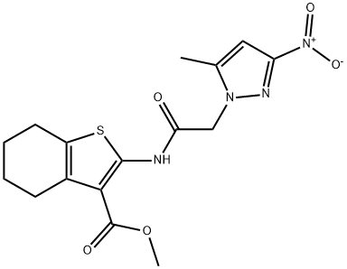 methyl 2-[({3-nitro-5-methyl-1H-pyrazol-1-yl}acetyl)amino]-4,5,6,7-tetrahydro-1-benzothiophene-3-carboxylate 结构式