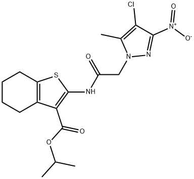 isopropyl 2-[({4-chloro-3-nitro-5-methyl-1H-pyrazol-1-yl}acetyl)amino]-4,5,6,7-tetrahydro-1-benzothiophene-3-carboxylate 结构式