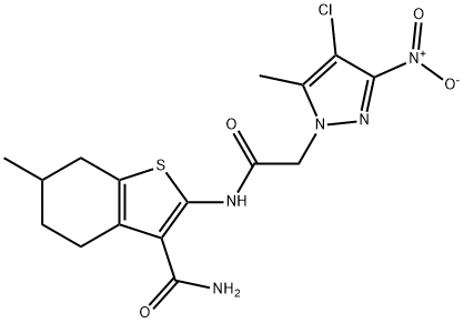 2-[({4-chloro-3-nitro-5-methyl-1H-pyrazol-1-yl}acetyl)amino]-6-methyl-4,5,6,7-tetrahydro-1-benzothiophene-3-carboxamide 结构式