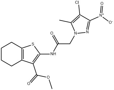 methyl 2-[({4-chloro-3-nitro-5-methyl-1H-pyrazol-1-yl}acetyl)amino]-4,5,6,7-tetrahydro-1-benzothiophene-3-carboxylate 结构式