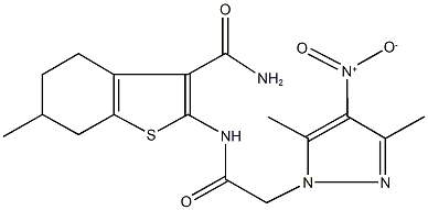 2-[({4-nitro-3,5-dimethyl-1H-pyrazol-1-yl}acetyl)amino]-6-methyl-4,5,6,7-tetrahydro-1-benzothiophene-3-carboxamide 结构式