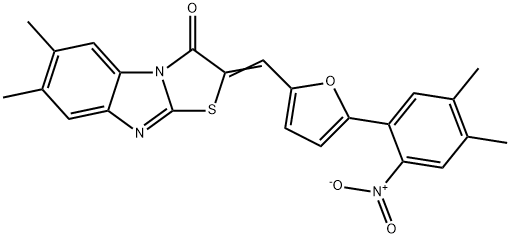 2-[(5-{2-nitro-4,5-dimethylphenyl}-2-furyl)methylene]-6,7-dimethyl[1,3]thiazolo[3,2-a]benzimidazol-3(2H)-one 结构式