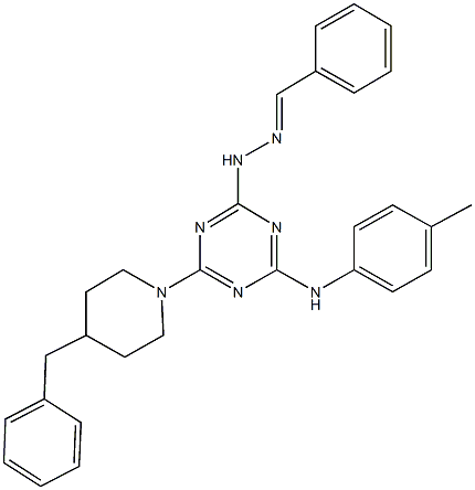 benzaldehyde {4-[(4-methylphenyl)amino]-6-[4-(phenylmethyl)piperidin-1-yl]-1,3,5-triazin-2-yl}hydrazone 结构式