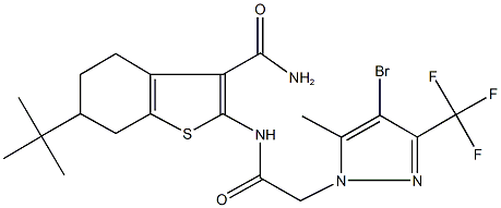 2-({[4-bromo-5-methyl-3-(trifluoromethyl)-1H-pyrazol-1-yl]acetyl}amino)-6-tert-butyl-4,5,6,7-tetrahydro-1-benzothiophene-3-carboxamide 结构式