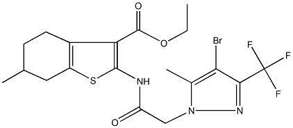 ethyl 2-({[4-bromo-5-methyl-3-(trifluoromethyl)-1H-pyrazol-1-yl]acetyl}amino)-6-methyl-4,5,6,7-tetrahydro-1-benzothiophene-3-carboxylate 结构式