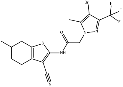 2-[4-bromo-5-methyl-3-(trifluoromethyl)-1H-pyrazol-1-yl]-N-(3-cyano-6-methyl-4,5,6,7-tetrahydro-1-benzothien-2-yl)acetamide 结构式