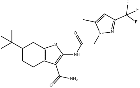 6-tert-butyl-2-({[5-methyl-3-(trifluoromethyl)-1H-pyrazol-1-yl]acetyl}amino)-4,5,6,7-tetrahydro-1-benzothiophene-3-carboxamide 结构式