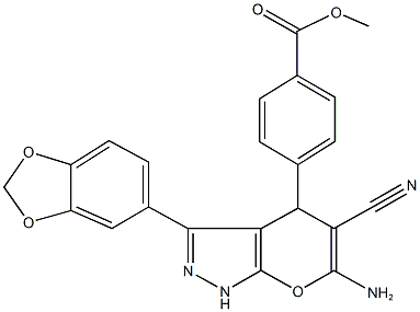 methyl 4-[6-amino-3-(1,3-benzodioxol-5-yl)-5-cyano-1,4-dihydropyrano[2,3-c]pyrazol-4-yl]benzoate 结构式