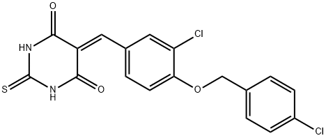 5-[(3-chloro-4-{[(4-chlorophenyl)methyl]oxy}phenyl)methylidene]-2-thioxodihydro-4,6(1H,5H)-pyrimidinedione 结构式