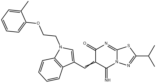 5-imino-2-isopropyl-6-({1-[2-(2-methylphenoxy)ethyl]-1H-indol-3-yl}methylene)-5,6-dihydro-7H-[1,3,4]thiadiazolo[3,2-a]pyrimidin-7-one 结构式