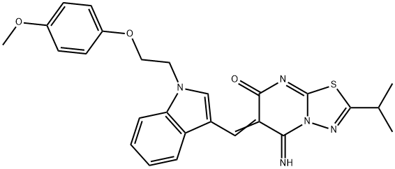 5-imino-2-isopropyl-6-({1-[2-(4-methoxyphenoxy)ethyl]-1H-indol-3-yl}methylene)-5,6-dihydro-7H-[1,3,4]thiadiazolo[3,2-a]pyrimidin-7-one 结构式