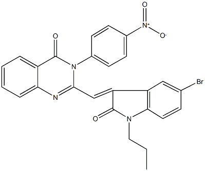 2-[(5-bromo-2-oxo-1-propyl-1,2-dihydro-3H-indol-3-ylidene)methyl]-3-{4-nitrophenyl}-4(3H)-quinazolinone 结构式