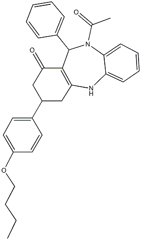 10-acetyl-3-(4-butoxyphenyl)-11-phenyl-2,3,4,5,10,11-hexahydro-1H-dibenzo[b,e][1,4]diazepin-1-one 结构式