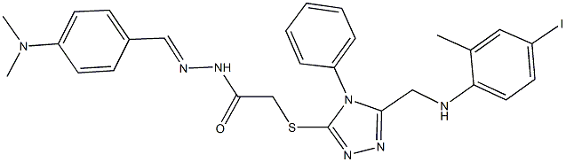 N'-[4-(dimethylamino)benzylidene]-2-({5-[(4-iodo-2-methylanilino)methyl]-4-phenyl-4H-1,2,4-triazol-3-yl}sulfanyl)acetohydrazide 结构式