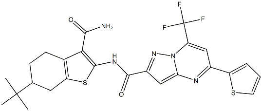 N-[3-(aminocarbonyl)-6-tert-butyl-4,5,6,7-tetrahydro-1-benzothien-2-yl]-5-(2-thienyl)-7-(trifluoromethyl)pyrazolo[1,5-a]pyrimidine-2-carboxamide 结构式