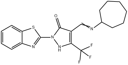 2-(1,3-benzothiazol-2-yl)-4-[(cycloheptylimino)methyl]-5-(trifluoromethyl)-1,2-dihydro-3H-pyrazol-3-one 结构式