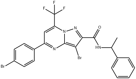 3-bromo-5-(4-bromophenyl)-N-(1-phenylethyl)-7-(trifluoromethyl)pyrazolo[1,5-a]pyrimidine-2-carboxamide 结构式