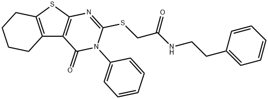 2-[(4-oxo-3-phenyl-3,4,5,6,7,8-hexahydro[1]benzothieno[2,3-d]pyrimidin-2-yl)sulfanyl]-N-(2-phenylethyl)acetamide 结构式