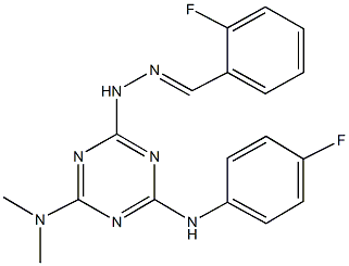 2-fluorobenzaldehyde [4-(dimethylamino)-6-(4-fluoroanilino)-1,3,5-triazin-2-yl]hydrazone 结构式