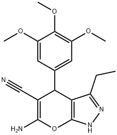 6-amino-3-ethyl-4-[3,4,5-tris(methyloxy)phenyl]-2,4-dihydropyrano[2,3-c]pyrazole-5-carbonitrile 结构式