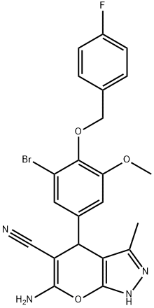 6-amino-4-{3-bromo-4-[(4-fluorobenzyl)oxy]-5-methoxyphenyl}-3-methyl-1,4-dihydropyrano[2,3-c]pyrazole-5-carbonitrile 结构式