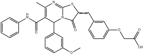 {3-[(6-(anilinocarbonyl)-5-(3-methoxyphenyl)-7-methyl-3-oxo-5H-[1,3]thiazolo[3,2-a]pyrimidin-2(3H)-ylidene)methyl]phenoxy}acetic acid 结构式