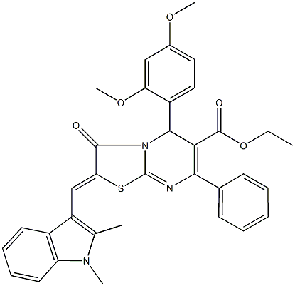 ethyl 5-(2,4-dimethoxyphenyl)-2-[(1,2-dimethyl-1H-indol-3-yl)methylene]-3-oxo-7-phenyl-2,3-dihydro-5H-[1,3]thiazolo[3,2-a]pyrimidine-6-carboxylate 结构式