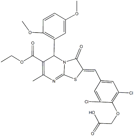 {2,6-dichloro-4-[(5-(2,5-dimethoxyphenyl)-6-(ethoxycarbonyl)-7-methyl-3-oxo-5H-[1,3]thiazolo[3,2-a]pyrimidin-2(3H)-ylidene)methyl]phenoxy}acetic acid 结构式