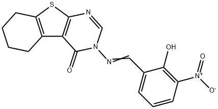 3-({2-hydroxy-3-nitrobenzylidene}amino)-5,6,7,8-tetrahydro[1]benzothieno[2,3-d]pyrimidin-4(3H)-one 结构式