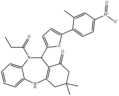 11-(5-{4-nitro-2-methylphenyl}-2-furyl)-3,3-dimethyl-10-propionyl-2,3,4,5,10,11-hexahydro-1H-dibenzo[b,e][1,4]diazepin-1-one 结构式