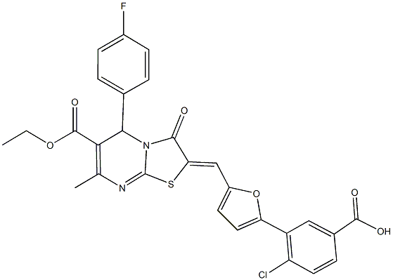 4-chloro-3-{5-[(6-(ethoxycarbonyl)-5-(4-fluorophenyl)-7-methyl-3-oxo-5H-[1,3]thiazolo[3,2-a]pyrimidin-2(3H)-ylidene)methyl]-2-furyl}benzoic acid 结构式
