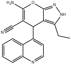 6-amino-3-ethyl-4-quinolin-4-yl-2,4-dihydropyrano[2,3-c]pyrazole-5-carbonitrile 结构式